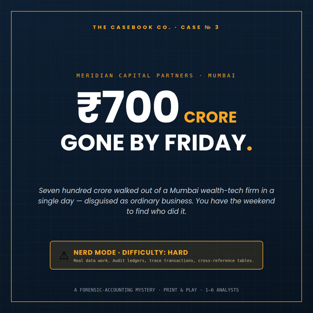 ₹700 Crore Gone by Friday — forensic accounting mystery case file cover by The Casebook Co., nerd mode, hard difficulty